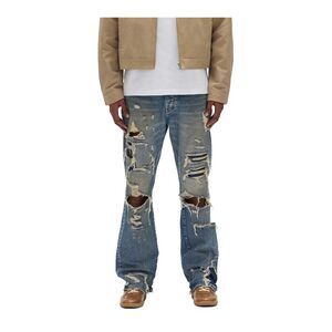 Purple Brand Bootcut Jeans Repair Blowouts Dirty Mens Blue P011